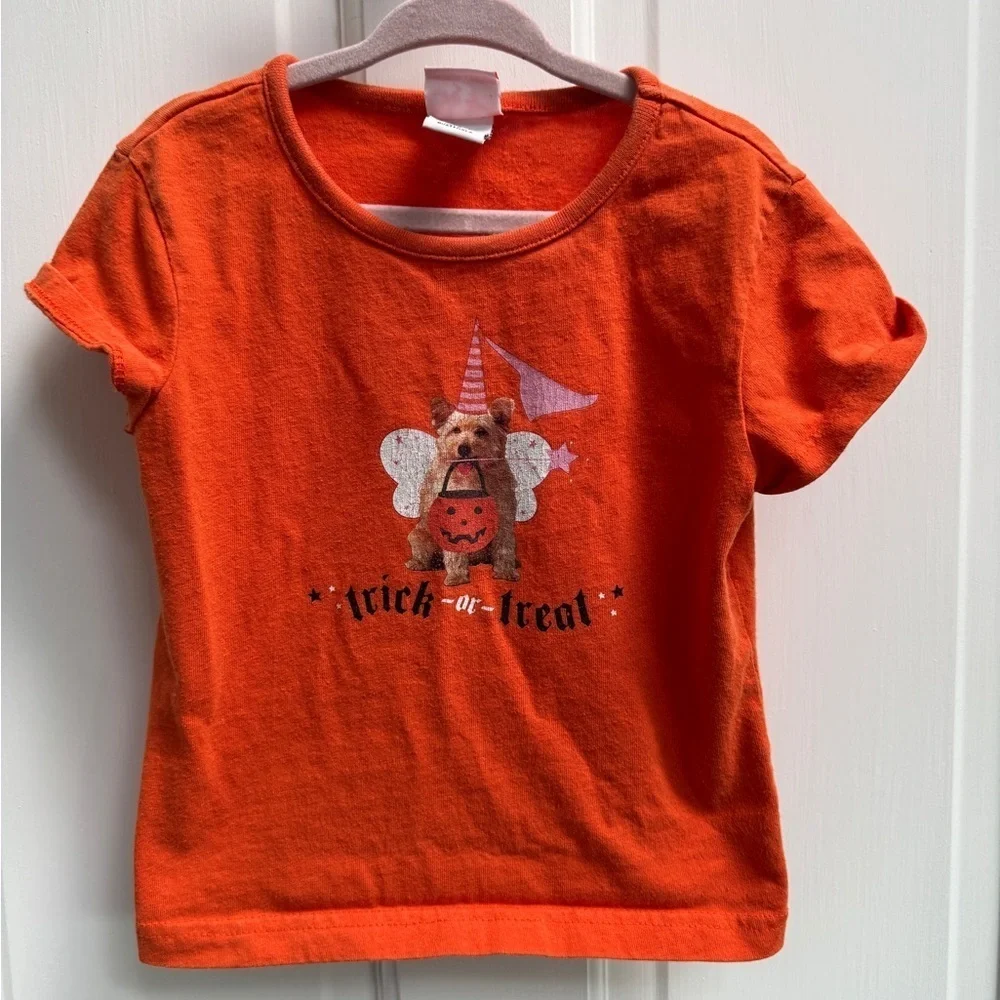 Halloween XS Girls Size 4 5 Dog Orange Trick-or-Treat Short Sleeve T-Shirt Top